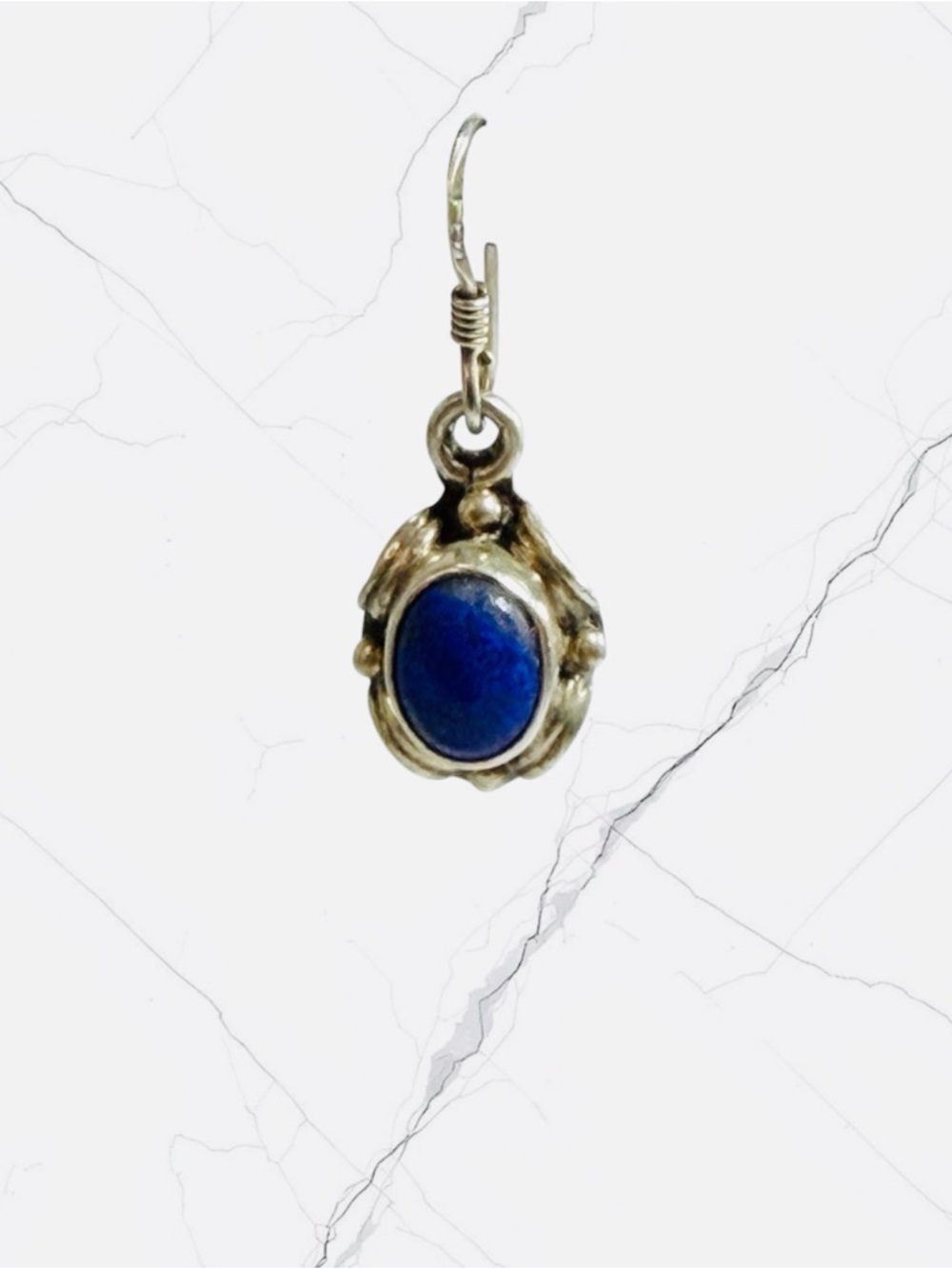 Vintage Sterling Silver Dangle Oval Blue Stone Lapis Lazuli ? Hook Earrings - Picture 2 of 8